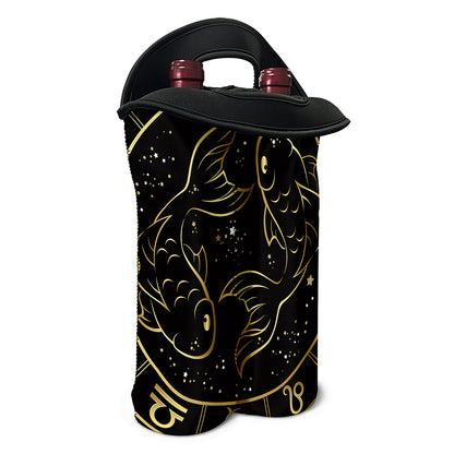 Gold And Black Pisces Sign Print Double Neoprene Wine Tote