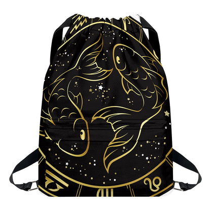 Gold And Black Pisces Sign Print Drawstring Backpack