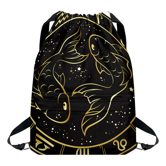 Gold And Black Pisces Sign Print Drawstring Backpack