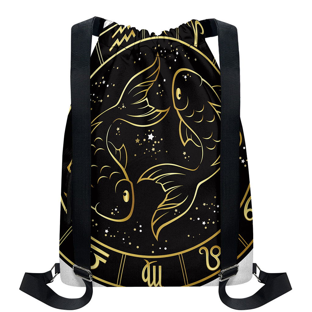 Gold And Black Pisces Sign Print Drawstring Backpack