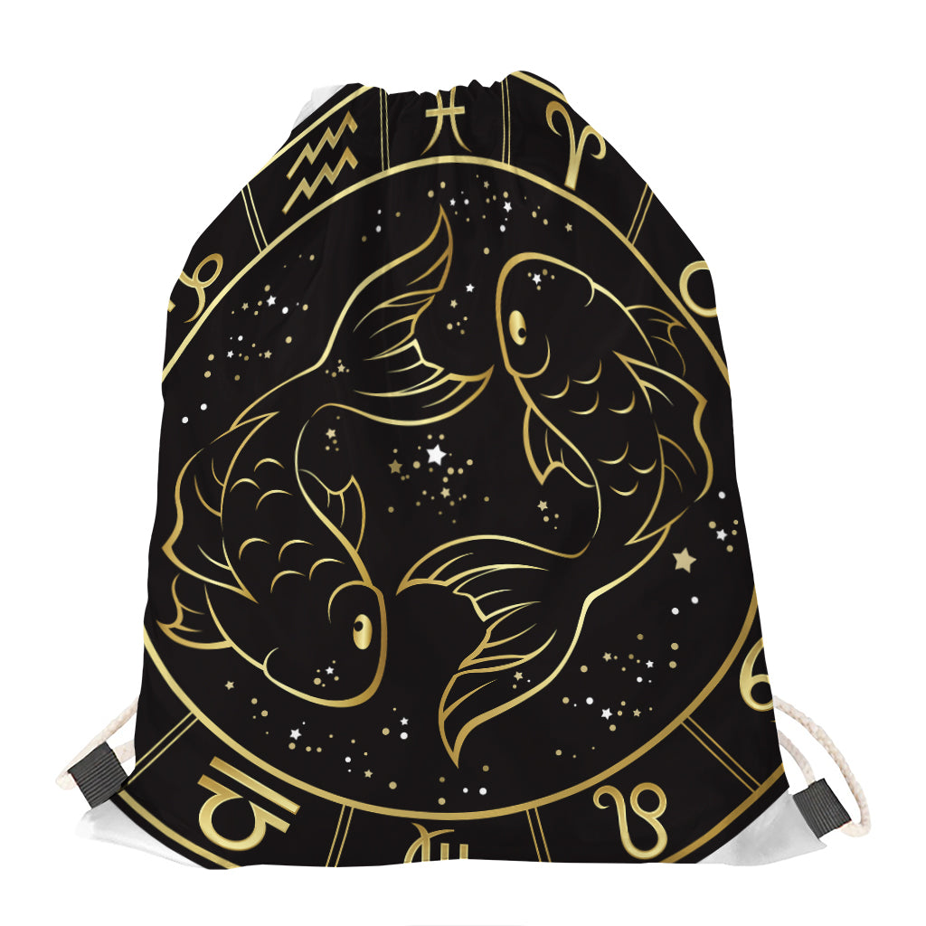 Gold And Black Pisces Sign Print Drawstring Bag