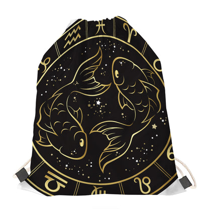 Gold And Black Pisces Sign Print Drawstring Bag