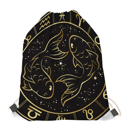Gold And Black Pisces Sign Print Drawstring Bag