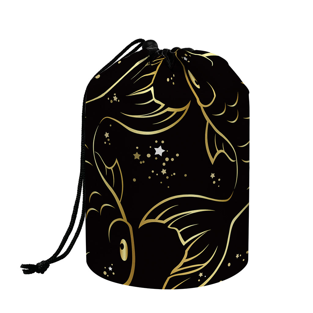Gold And Black Pisces Sign Print Drawstring Makeup Bag