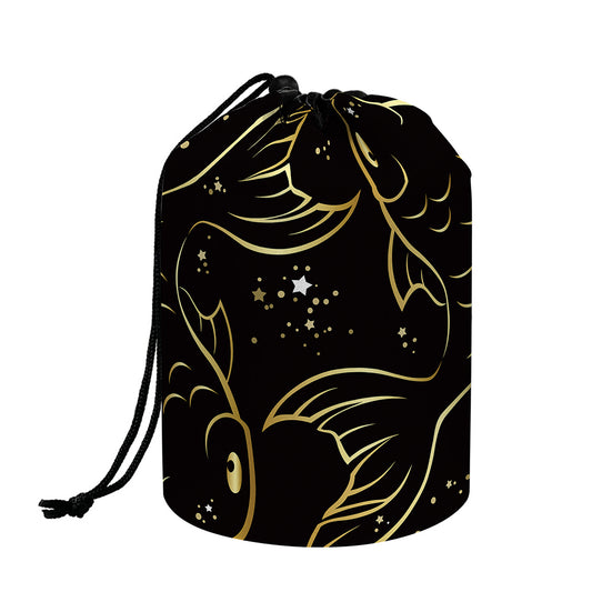 Gold And Black Pisces Sign Print Drawstring Makeup Bag