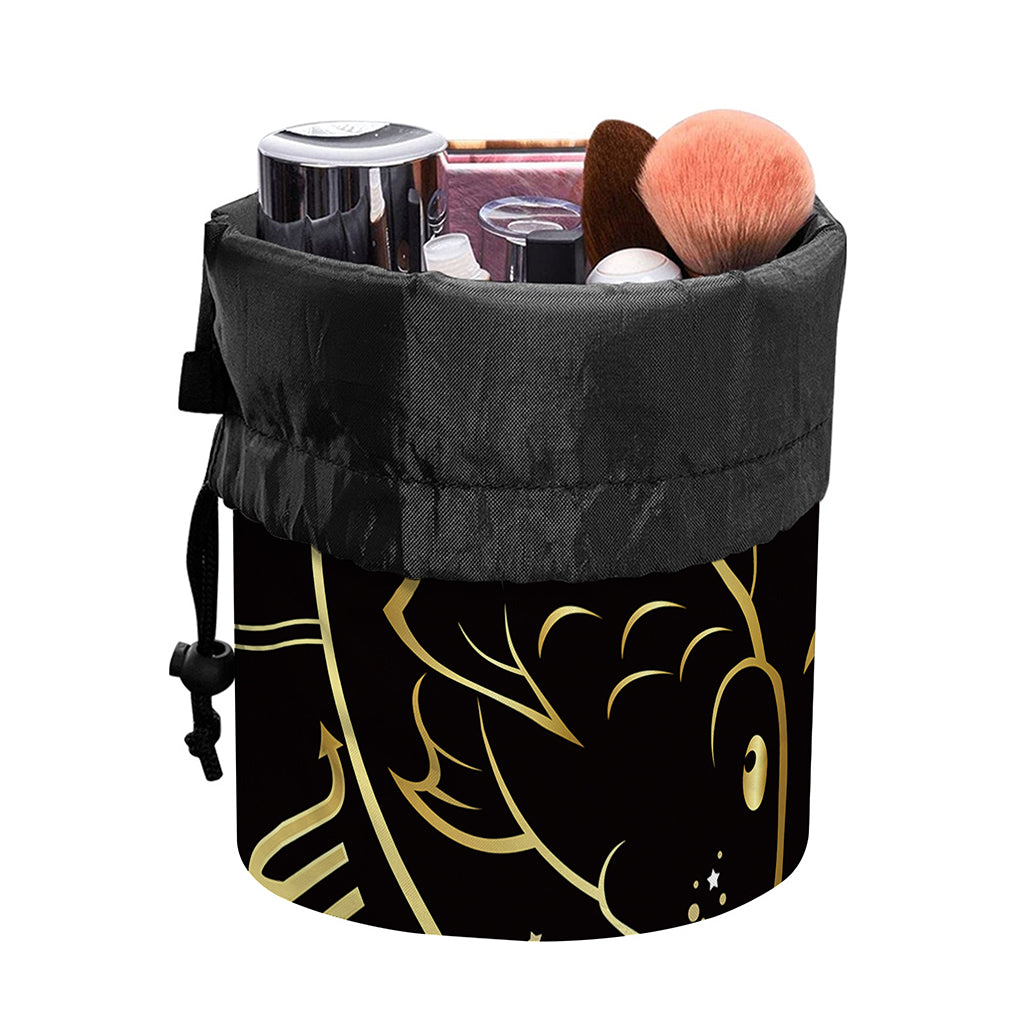 Gold And Black Pisces Sign Print Drawstring Makeup Bag