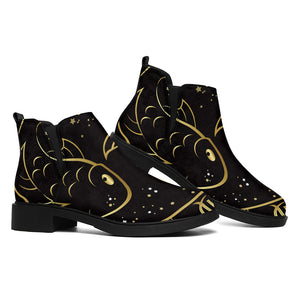 Gold And Black Pisces Sign Print Flat Ankle Boots