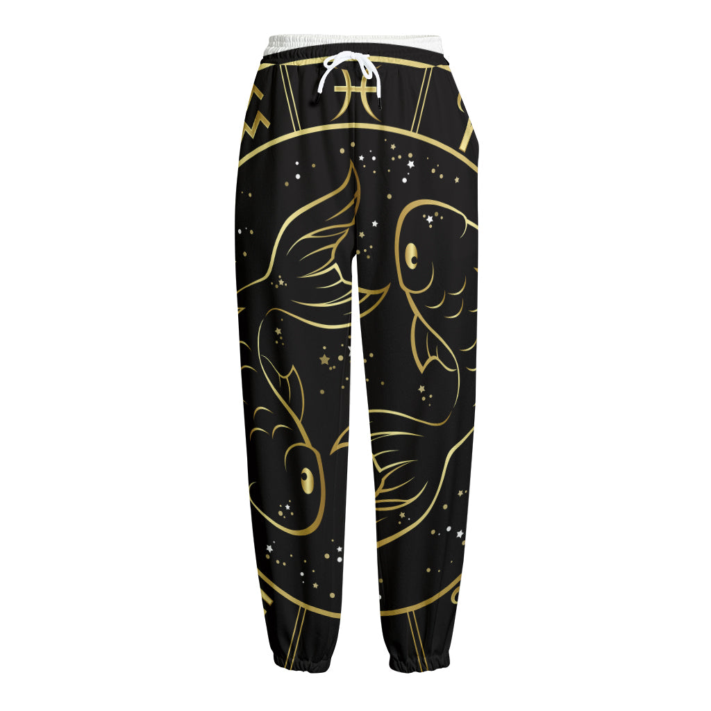 Gold And Black Pisces Sign Print Fleece Lined Knit Pants