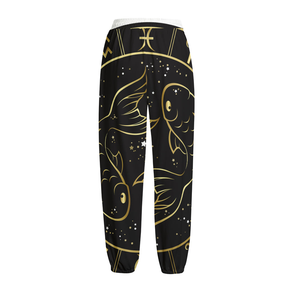 Gold And Black Pisces Sign Print Fleece Lined Knit Pants