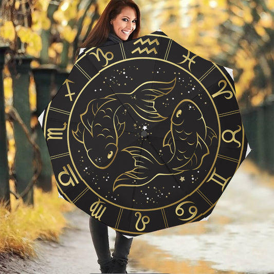 Gold And Black Pisces Sign Print Foldable Umbrella