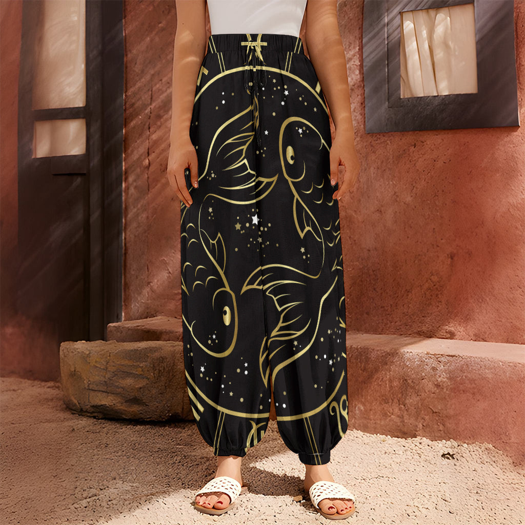 Gold And Black Pisces Sign Print Harem Pants