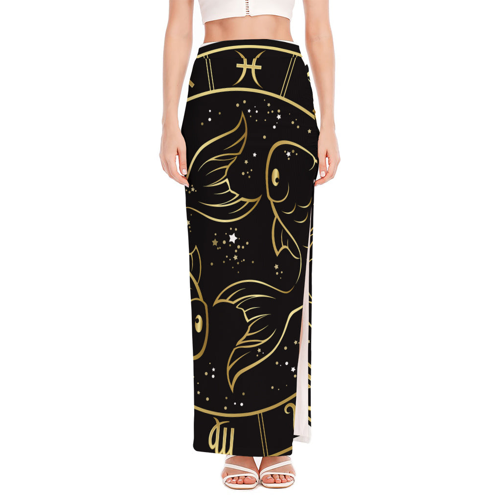 Gold And Black Pisces Sign Print High Slit Maxi Skirt