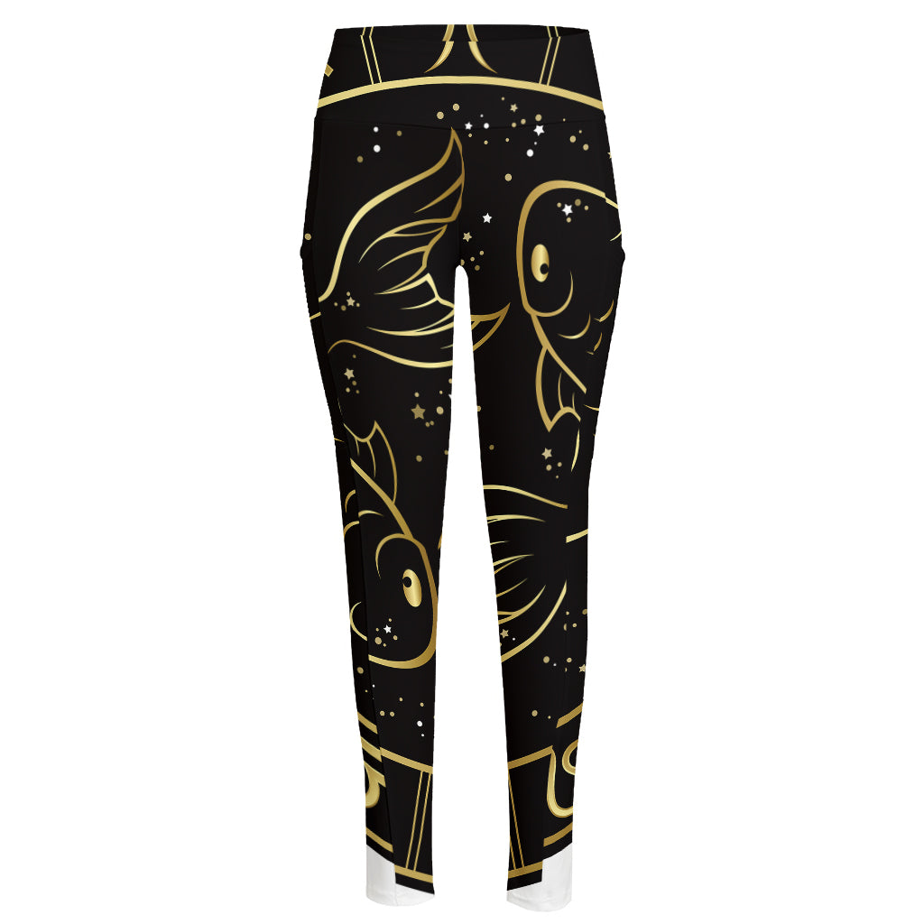 Gold And Black Pisces Sign Print High-Waisted Pocket Leggings