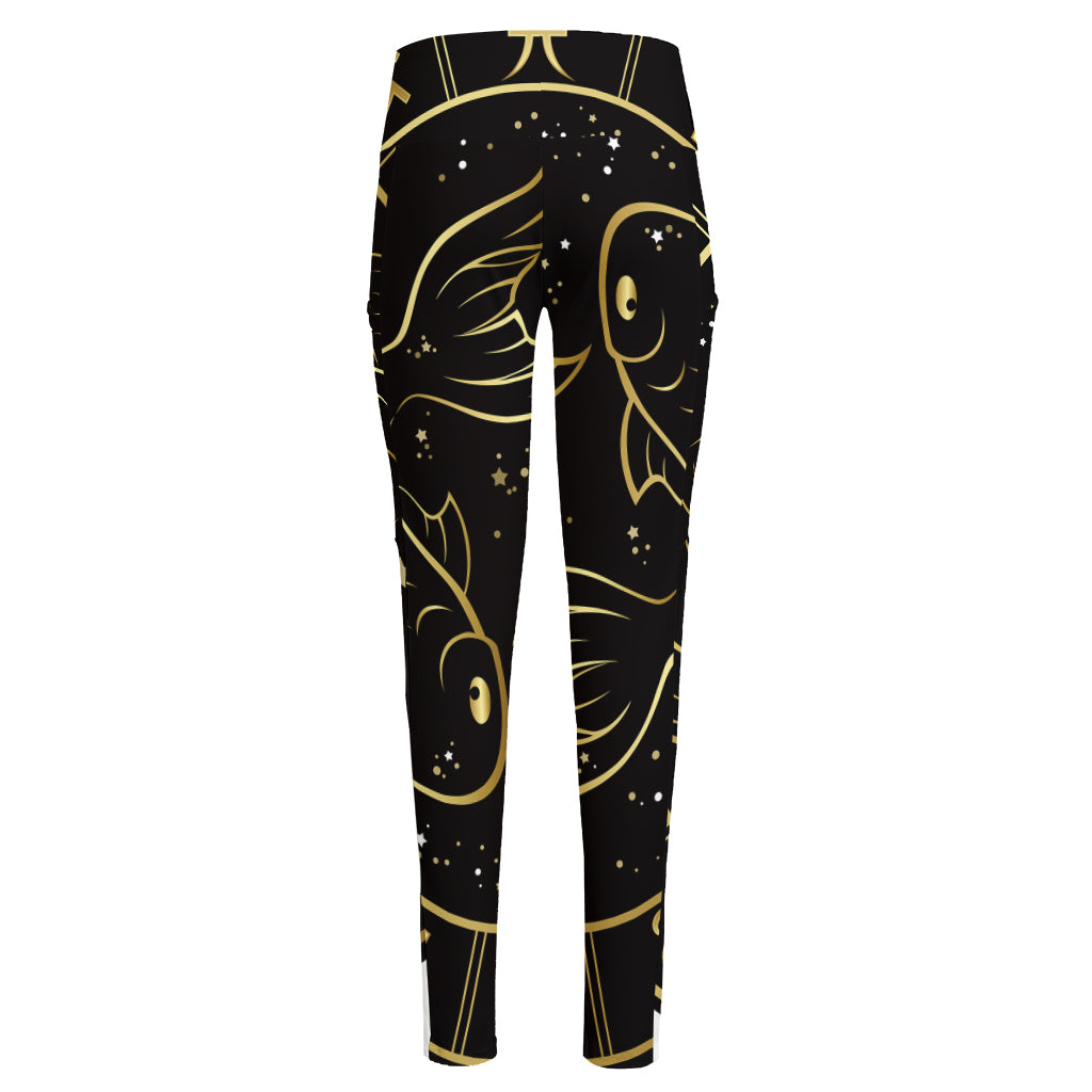 Gold And Black Pisces Sign Print High-Waisted Pocket Leggings