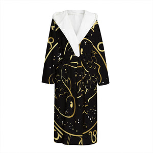 Gold And Black Pisces Sign Print Hooded Bathrobe