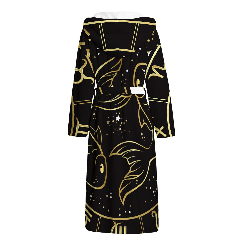 Gold And Black Pisces Sign Print Hooded Bathrobe