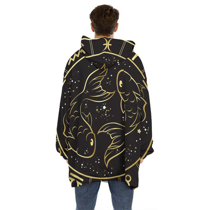 Gold And Black Pisces Sign Print Hoodie Blanket