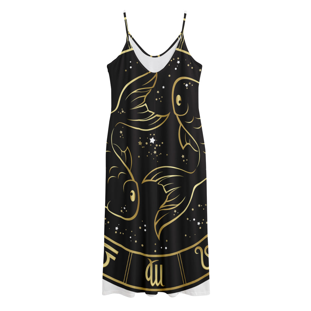 Gold And Black Pisces Sign Print Jersey Midi Cami Dress