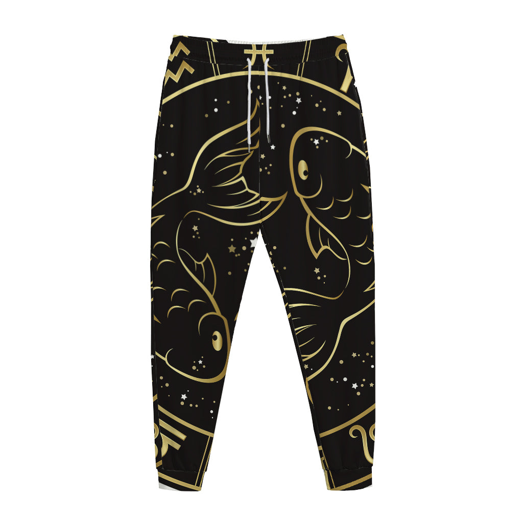 Gold And Black Pisces Sign Print Jogger Pants