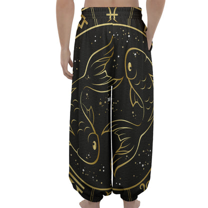 Gold And Black Pisces Sign Print Lantern Pants
