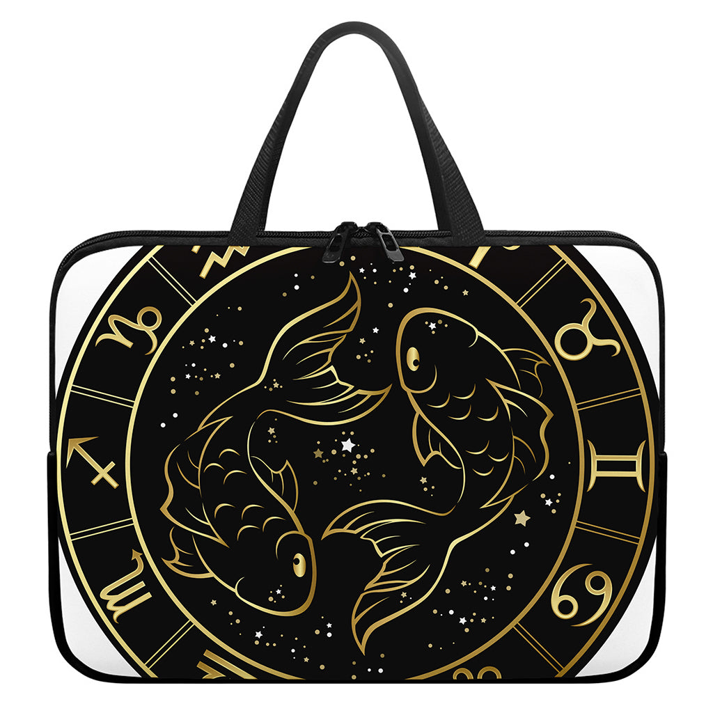 Gold And Black Pisces Sign Print Laptop Sleeve With Handle