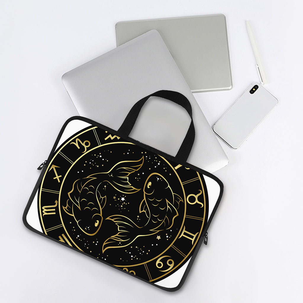 Gold And Black Pisces Sign Print Laptop Sleeve With Handle