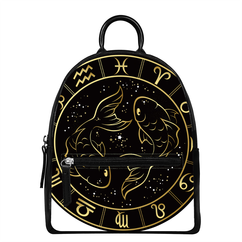 Gold And Black Pisces Sign Print Leather Backpack
