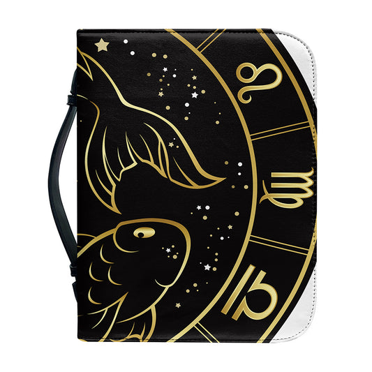 Gold And Black Pisces Sign Print Leather Bible Cover