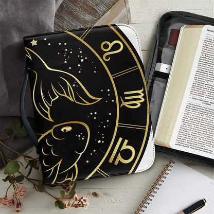 Gold And Black Pisces Sign Print Leather Bible Cover
