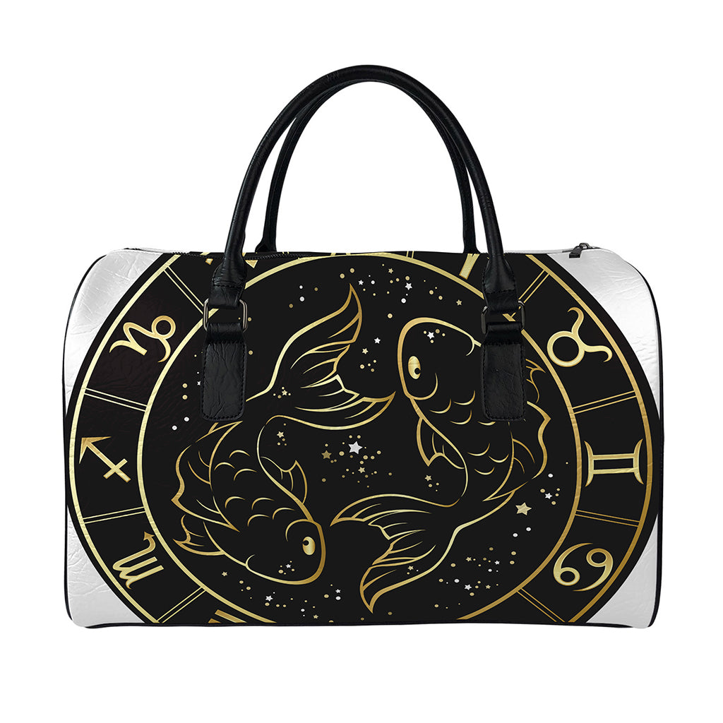 Gold And Black Pisces Sign Print Leather Duffle Bag