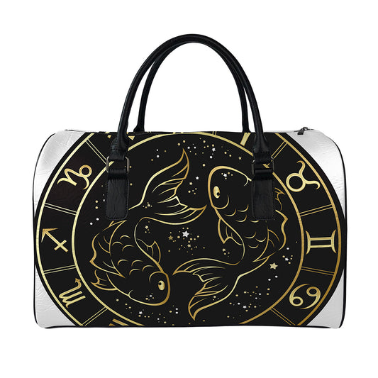 Gold And Black Pisces Sign Print Leather Duffle Bag
