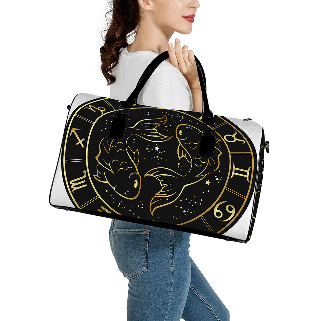 Gold And Black Pisces Sign Print Leather Duffle Bag