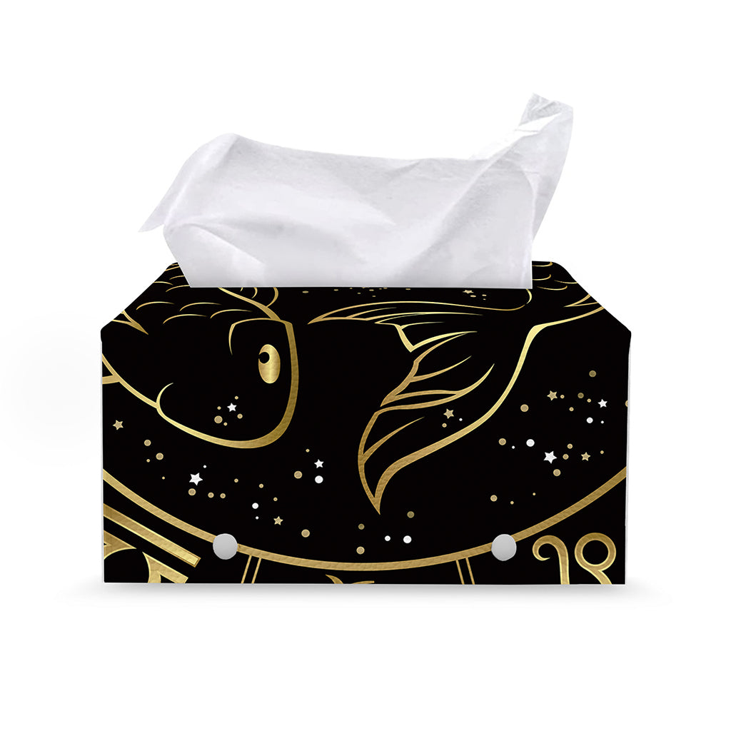 Gold And Black Pisces Sign Print Leather Tissue Box Cover