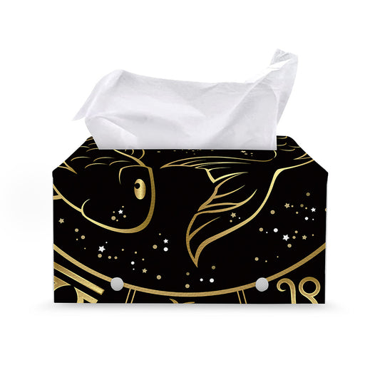 Gold And Black Pisces Sign Print Leather Tissue Box Cover