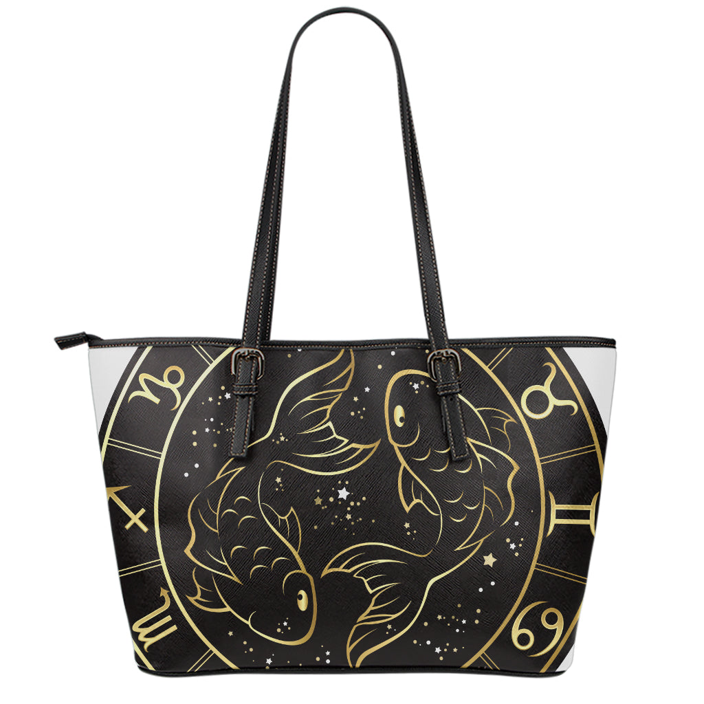 Gold And Black Pisces Sign Print Leather Tote Bag