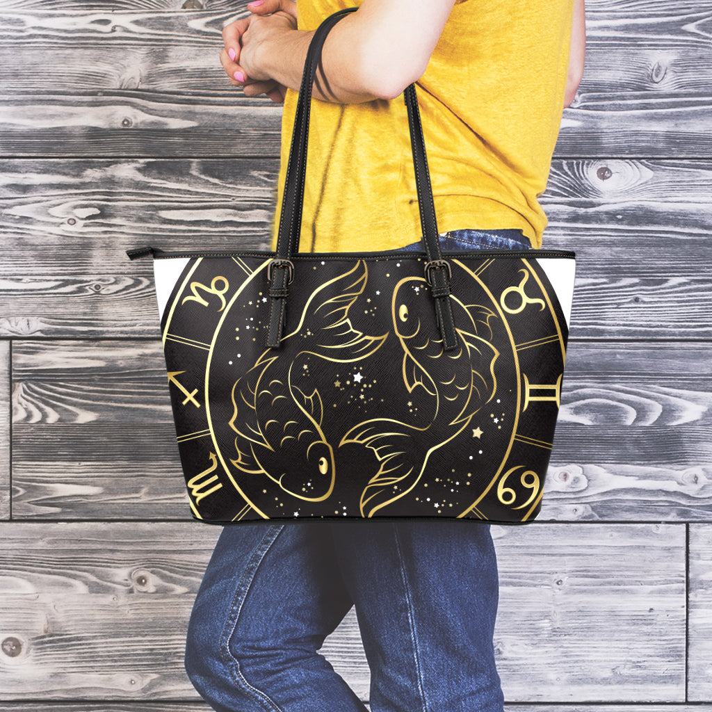 Gold And Black Pisces Sign Print Leather Tote Bag