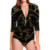 Gold And Black Pisces Sign Print Long Sleeve Swimsuit