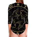 Gold And Black Pisces Sign Print Long Sleeve Swimsuit