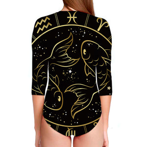 Gold And Black Pisces Sign Print Long Sleeve Swimsuit