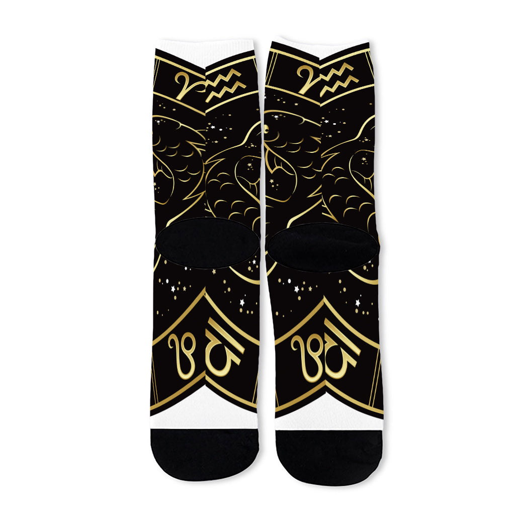 Gold And Black Pisces Sign Print Long Socks