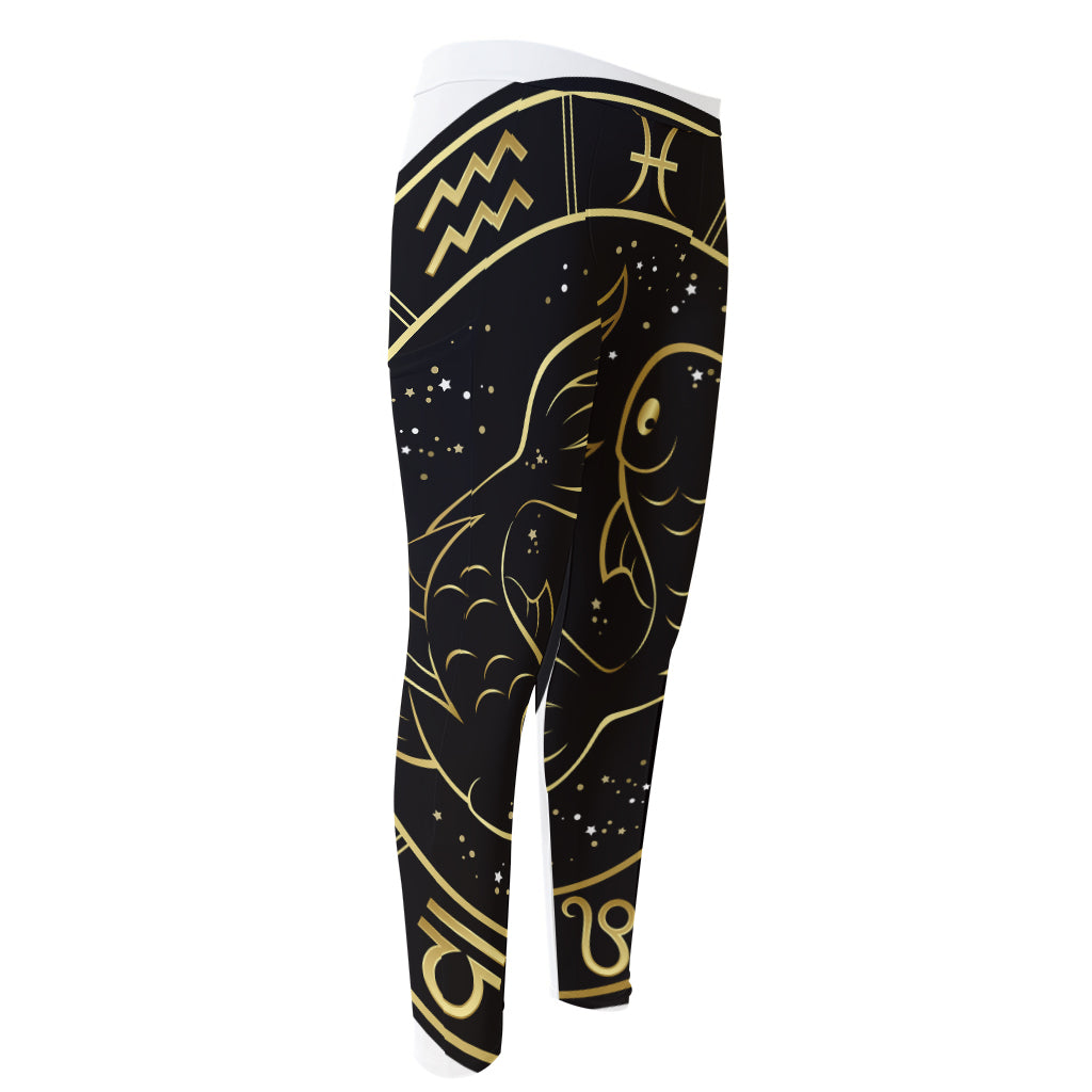 Gold And Black Pisces Sign Print Men's Compression Pants