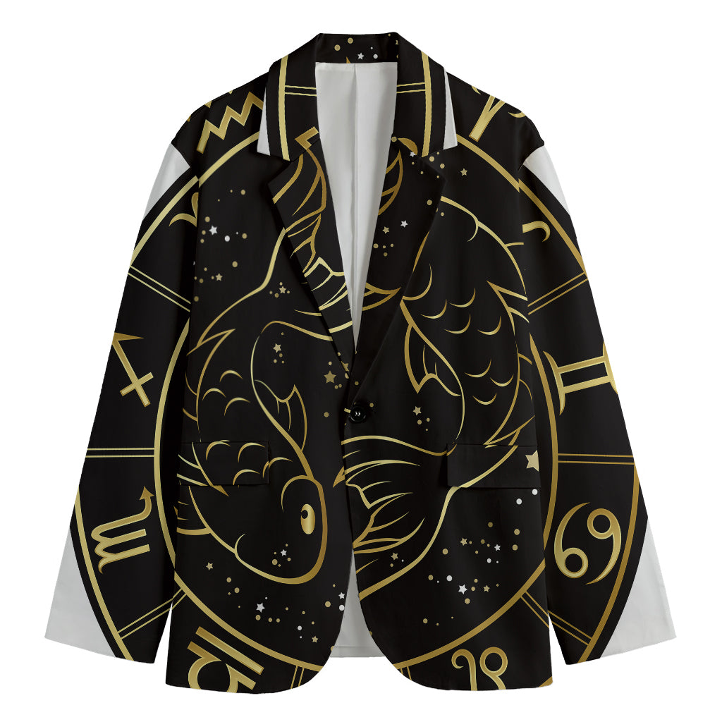 Gold And Black Pisces Sign Print Men's Cotton Blazer