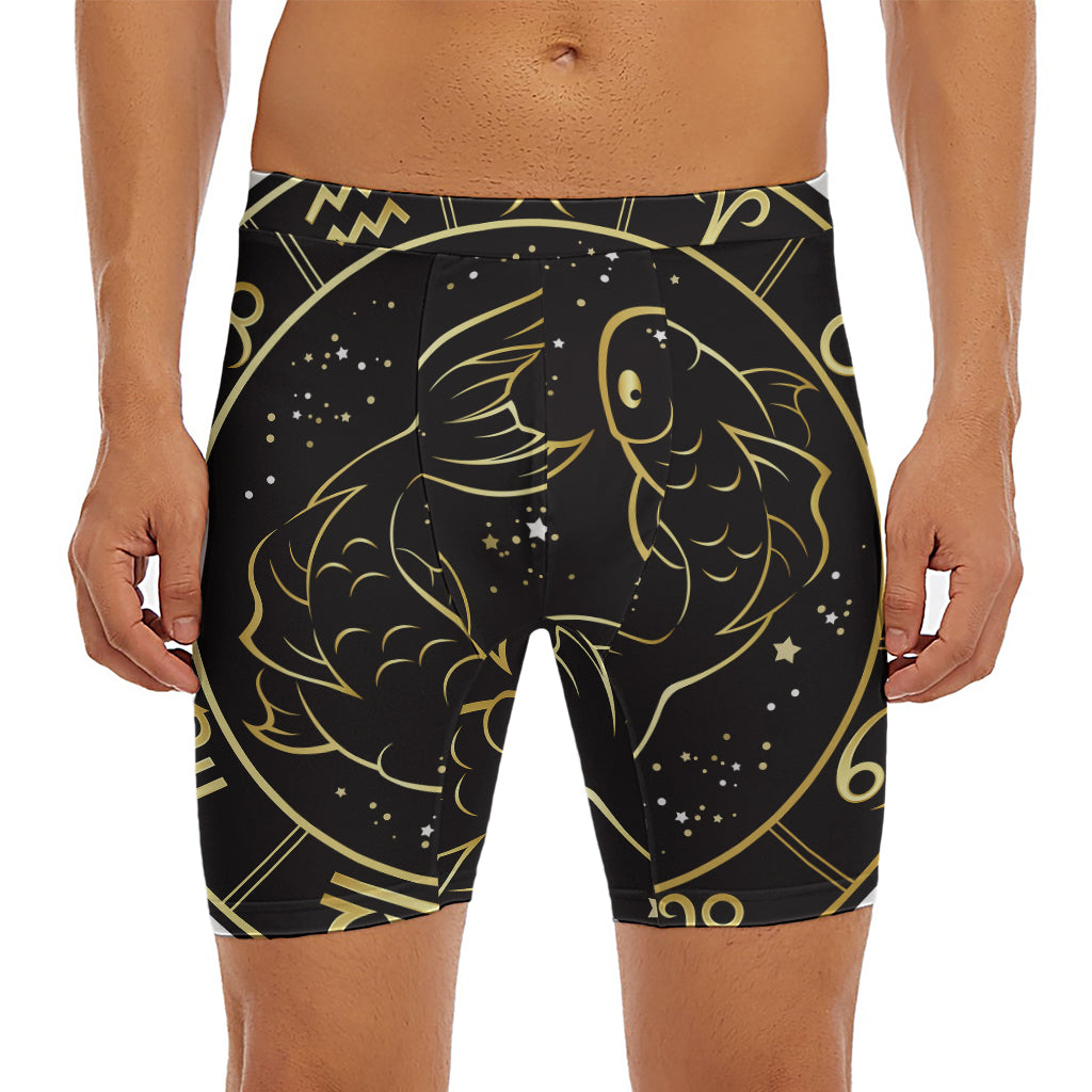 Gold And Black Pisces Sign Print Men's Long Boxer Briefs