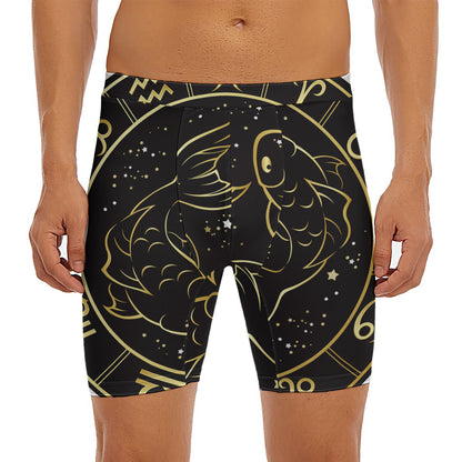 Gold And Black Pisces Sign Print Men's Long Boxer Briefs