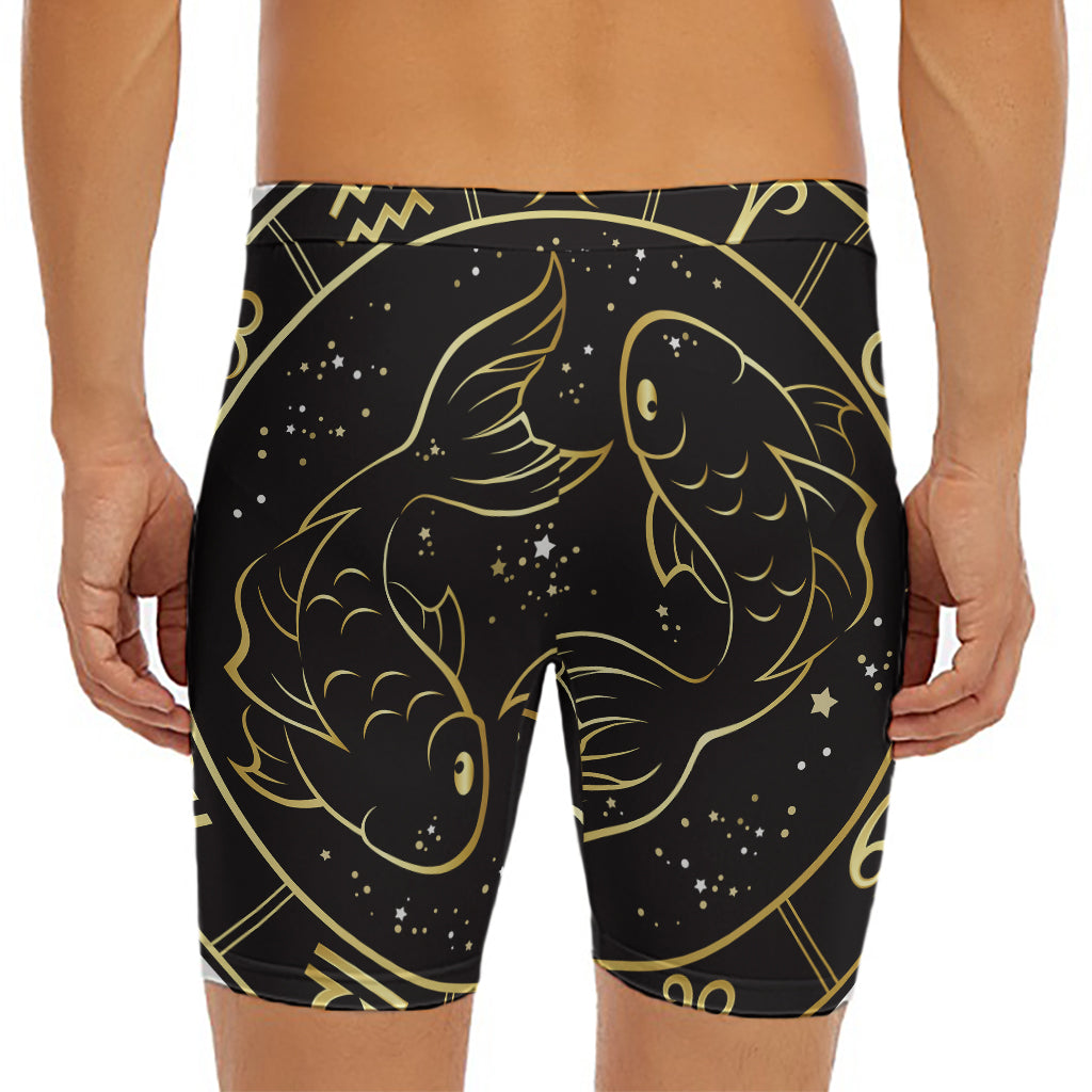 Gold And Black Pisces Sign Print Men's Long Boxer Briefs