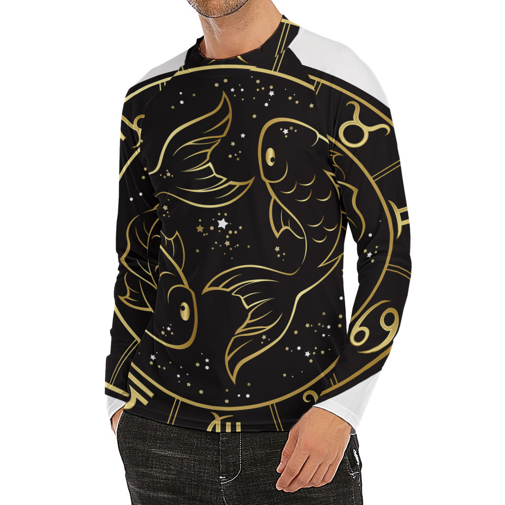 Gold And Black Pisces Sign Print Men's Long Sleeve Rash Guard
