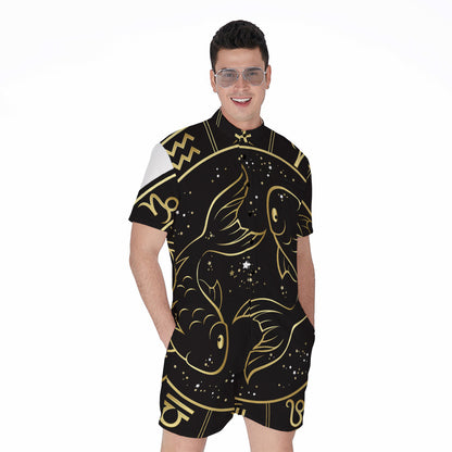 Gold And Black Pisces Sign Print Men's Rompers