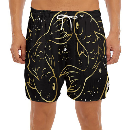 Gold And Black Pisces Sign Print Men's Split Running Shorts