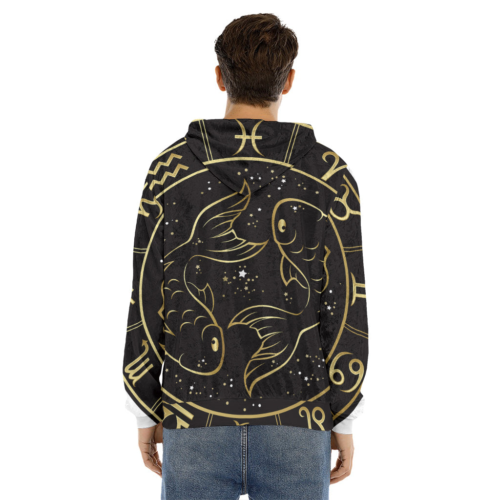 Gold And Black Pisces Sign Print Men's Velvet Pullover Hoodie