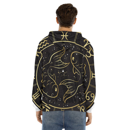 Gold And Black Pisces Sign Print Men's Velvet Pullover Hoodie